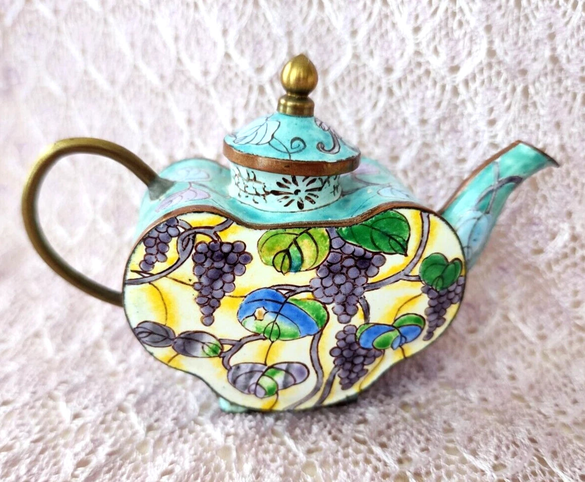 Vintage Chinemel  B. Yee Enamel Miniature Teapot Tiffany Style Grapevine Design