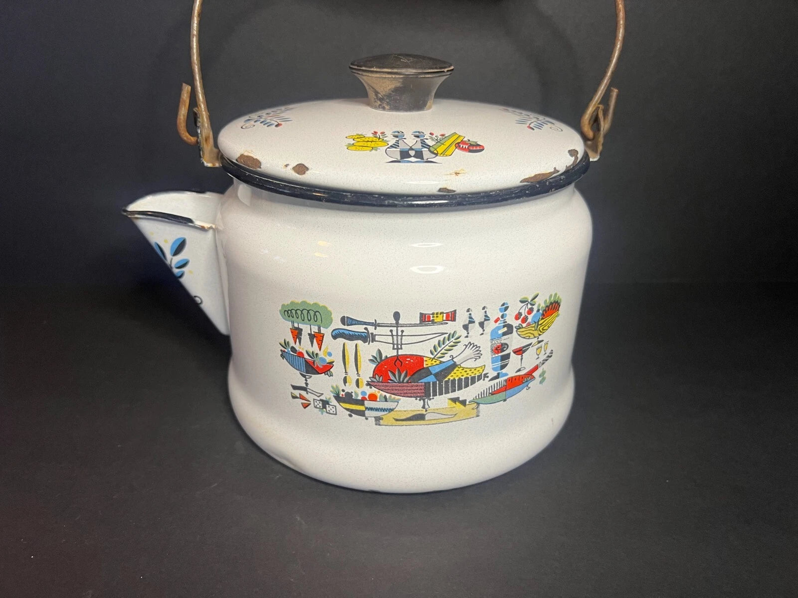 Vintage MCM 1950s Rare Thanksgiving Themed White Enamel Tea Kettle Pot w/ Handle | eBay