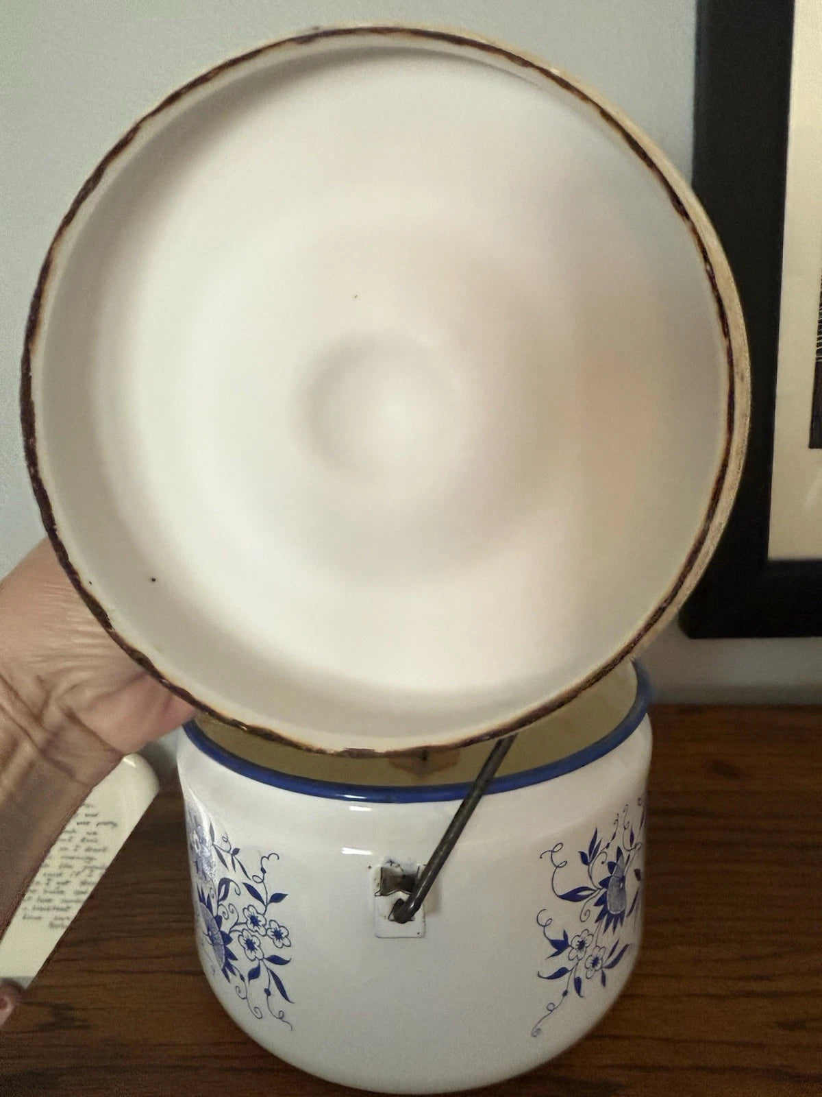 Vintage Blue Onion Danube Style Enamelware Teapot Metal Bail Wood Handle | eBay