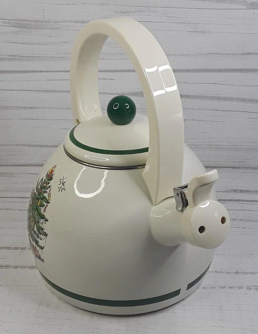 Spode Christmas Tree Whistling Tea Kettle Pot Porcelain Enamel on Steel