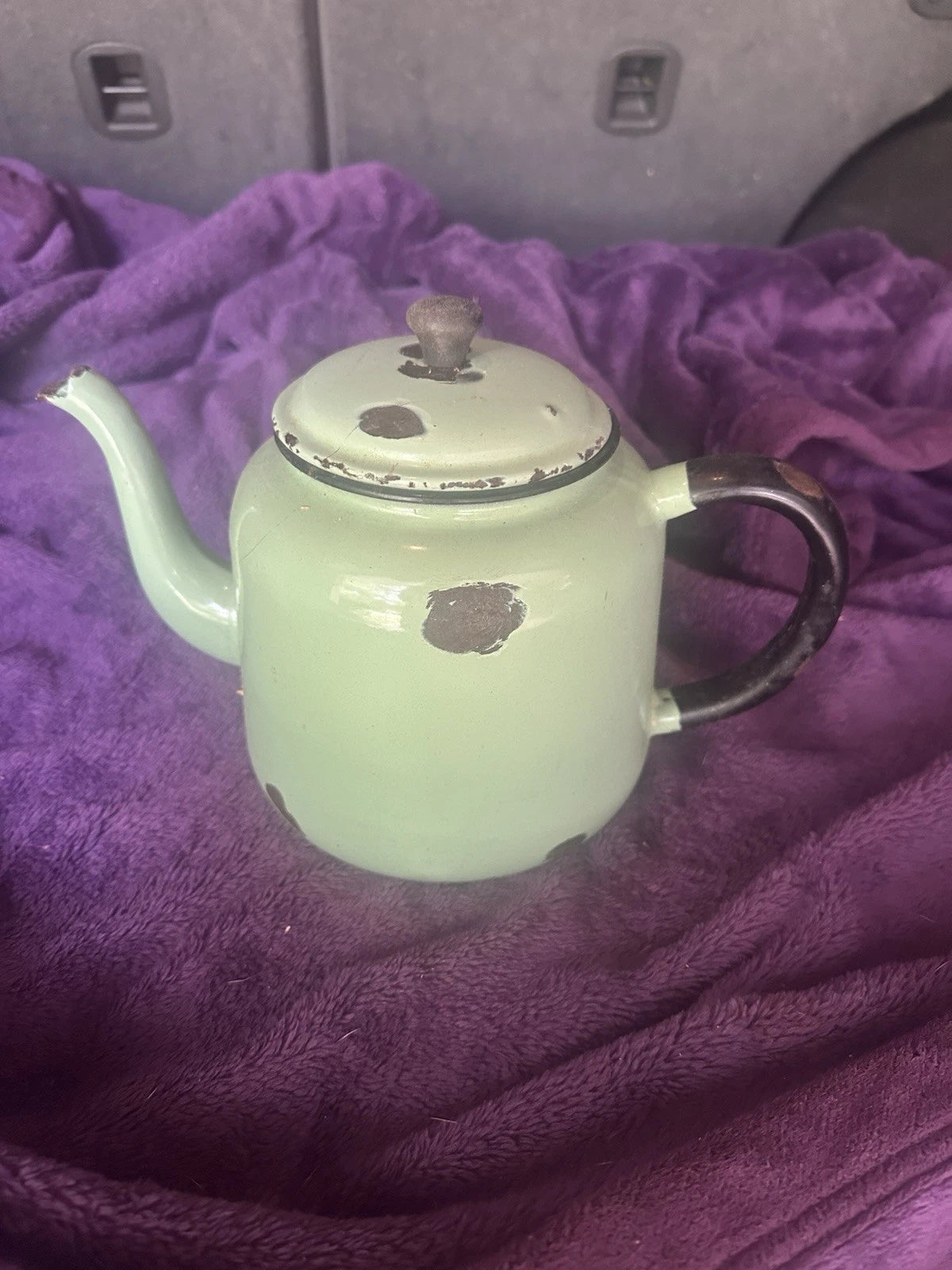 Small Antique Green Enamelware Teapot Water Pot Some Rust But Looks Rustic