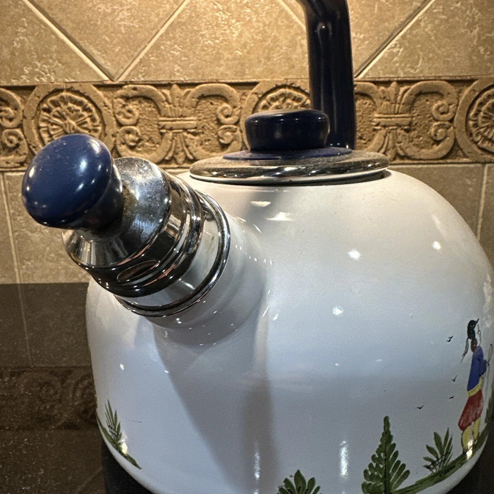 Vintage HB Quimper Enamel Tea Kettle White Excellent condition