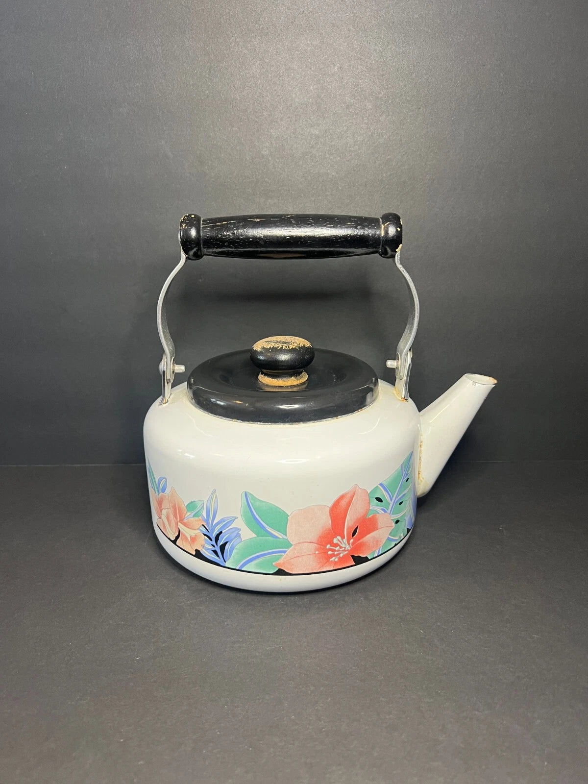 Vintage 1980s NOS Enamel White Floral Print Teapot Kettle with Wooden Handle | eBay