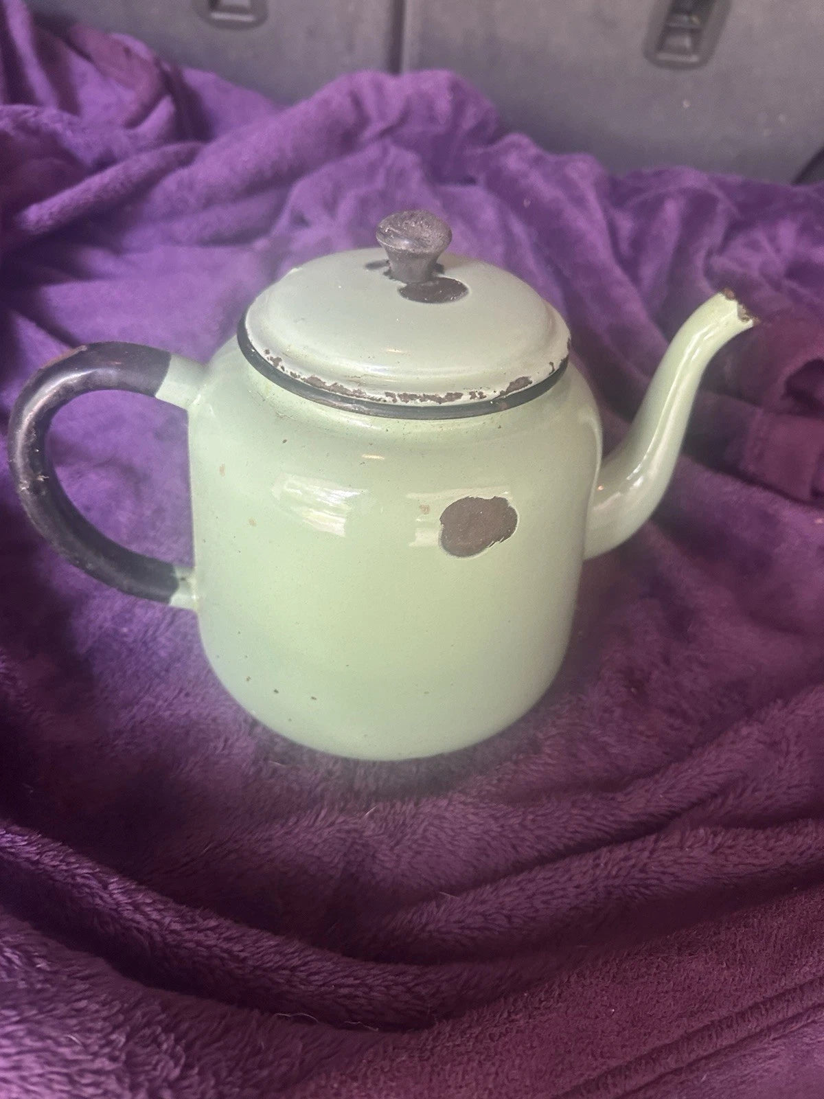 Small Antique Green Enamelware Teapot Water Pot Some Rust But Looks Rustic