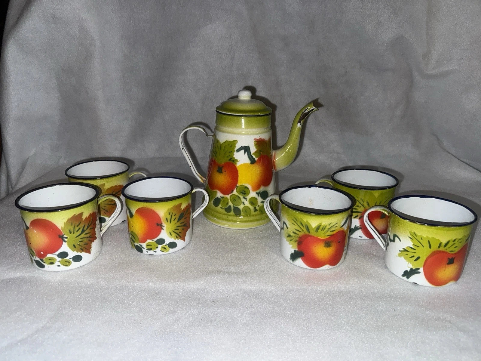 Vintage Enamel Ware Harvest Fruit Design Teapot and 6 Cups