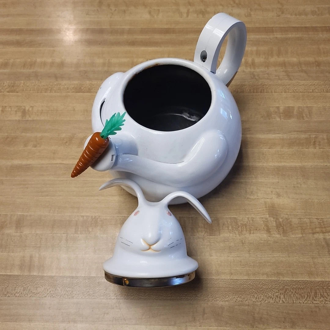 Vintage Copco Enamel Teapot Figural Mr Rabbit Bunny Carrot Whistling Tea Kettle