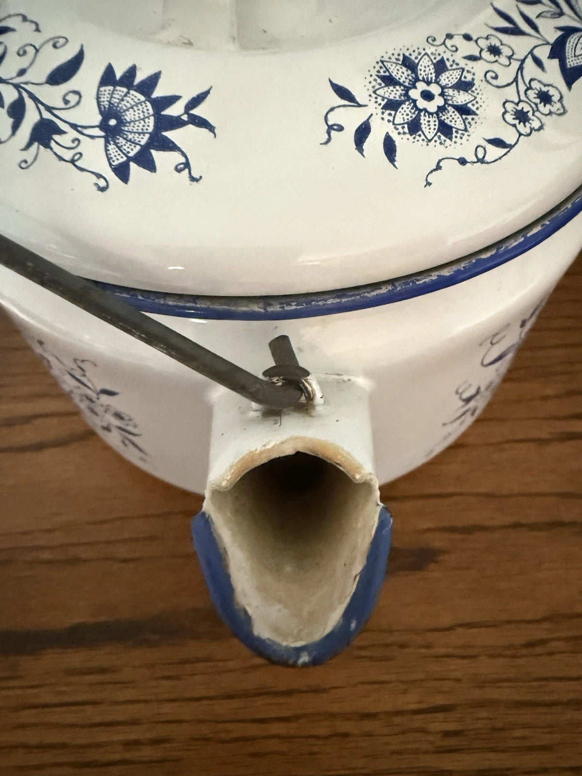 Vintage Blue Onion Danube Style Enamelware Teapot Metal Bail Wood Handle | eBay