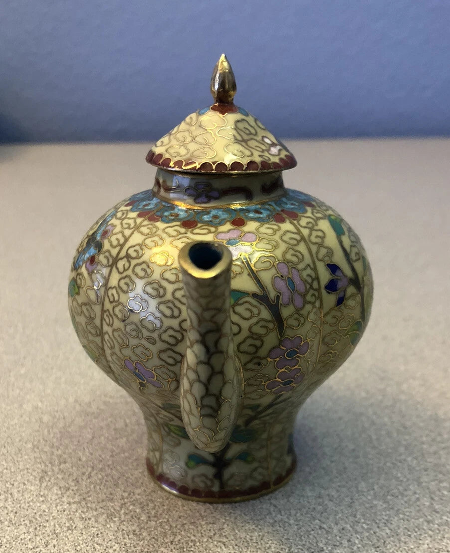 Vintage Cloisonne Enamel and Bronze Beige Floral Teapot
