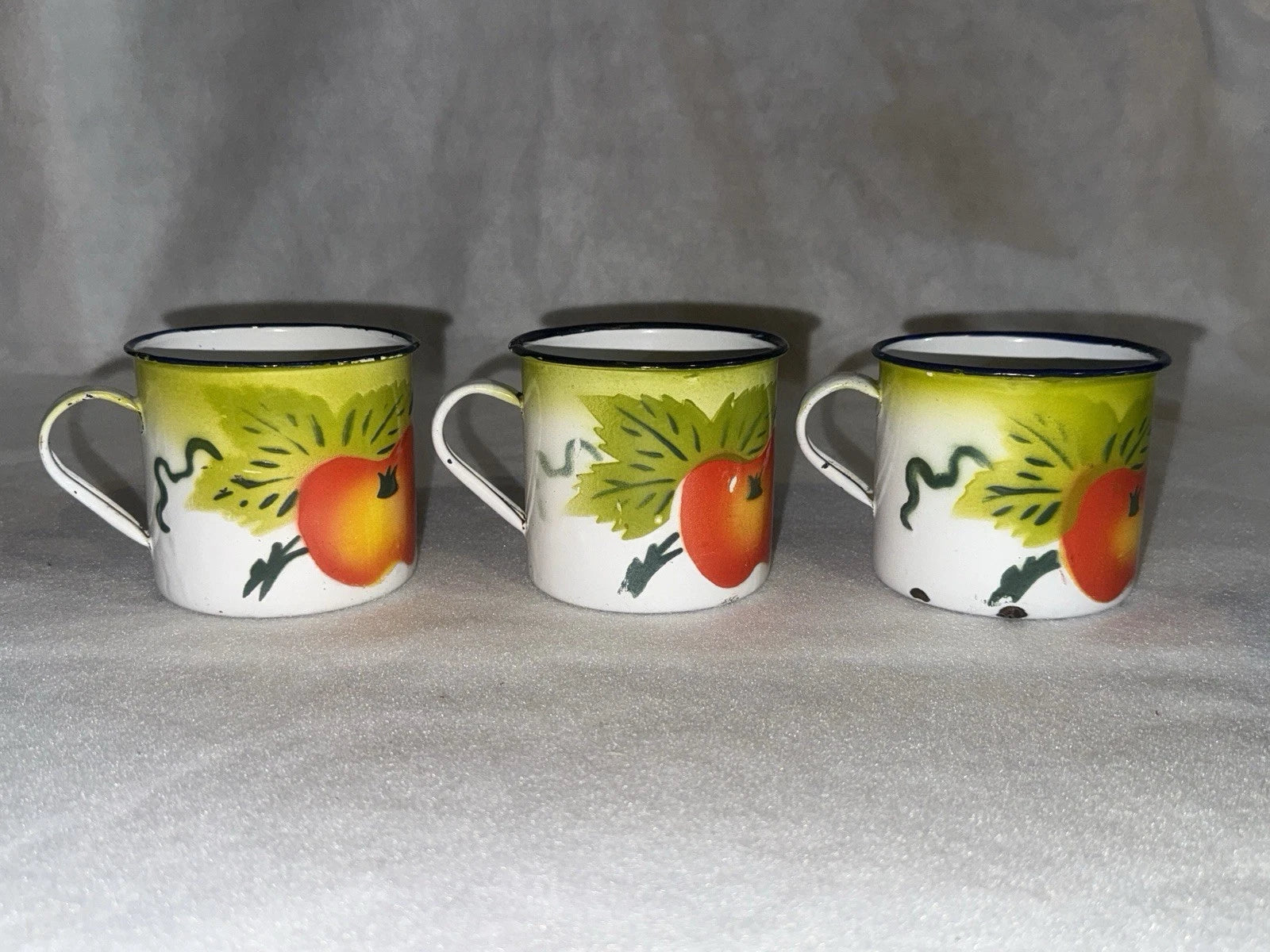 Vintage Enamel Ware Harvest Fruit Design Teapot and 6 Cups