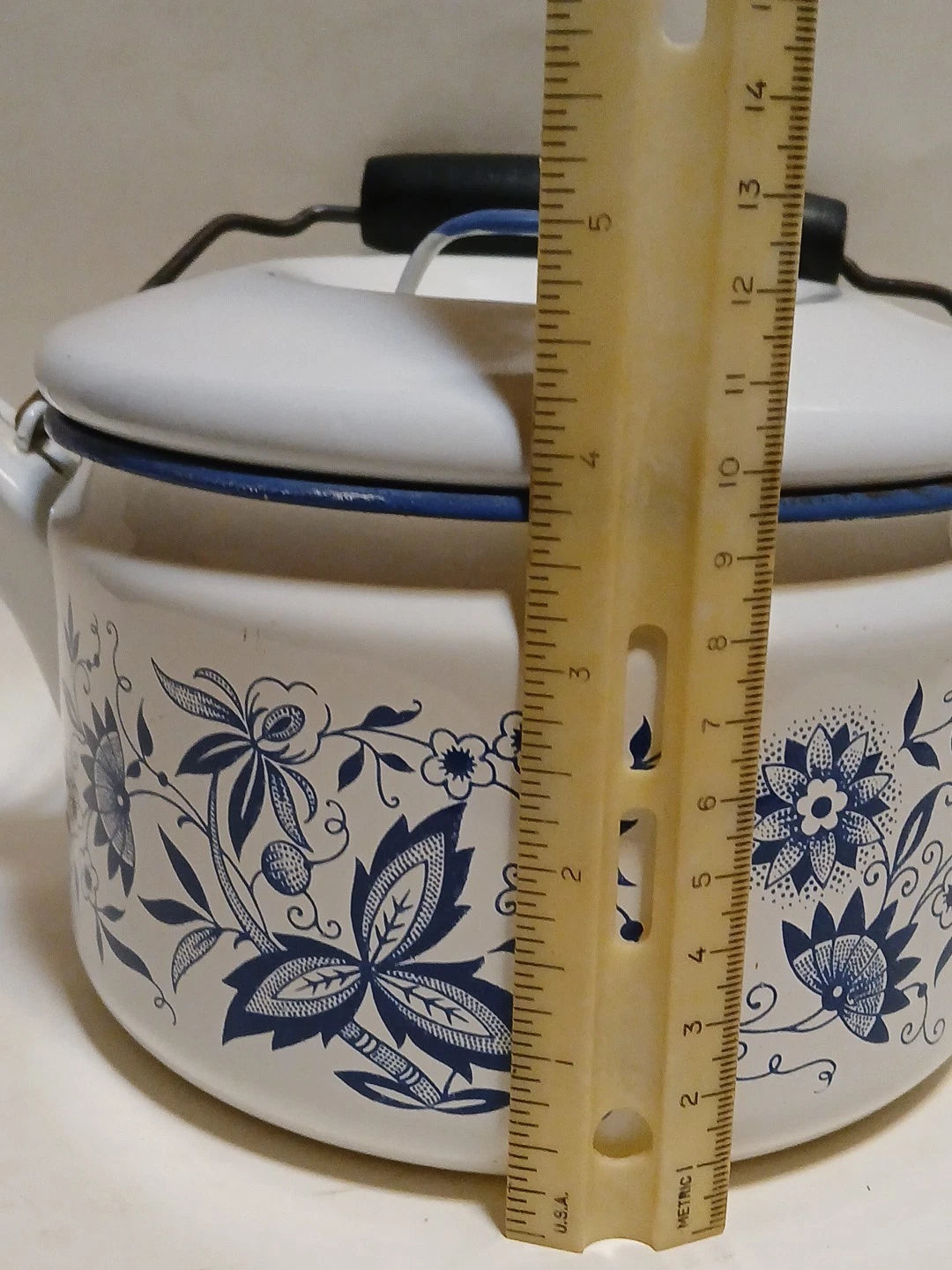 Vintage Blue Onion Danube Style Enamel Teapot Metal Bail Wood Handle 4.5"×8"