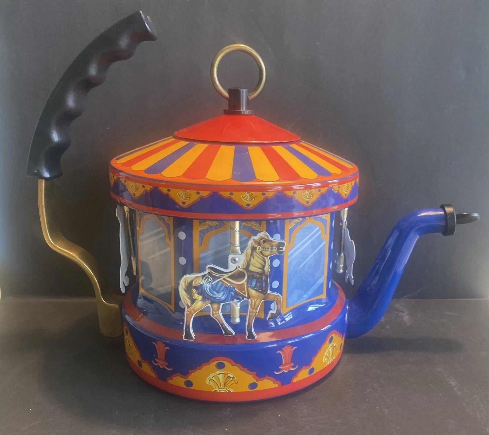MKI Teapot Kettle Steam Driven Carousel World of Motion Kamenstein Enamel READ