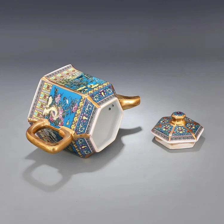 Jingdezhen Antique Qianlong Enamel Gold Teapot With Handle Hexagon Teapots