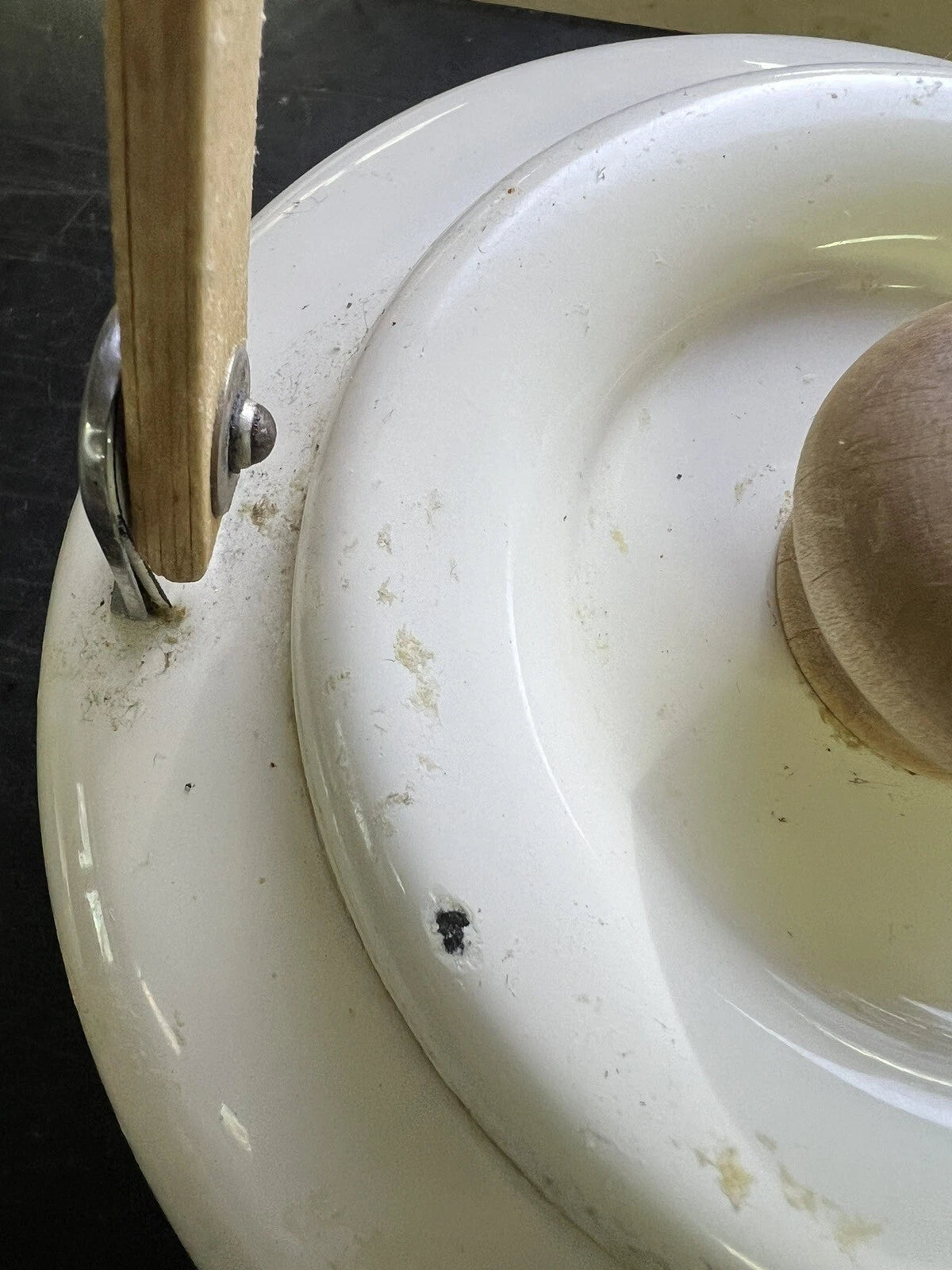 Vintage Enamel Tea Pot Kettle Wood Handle