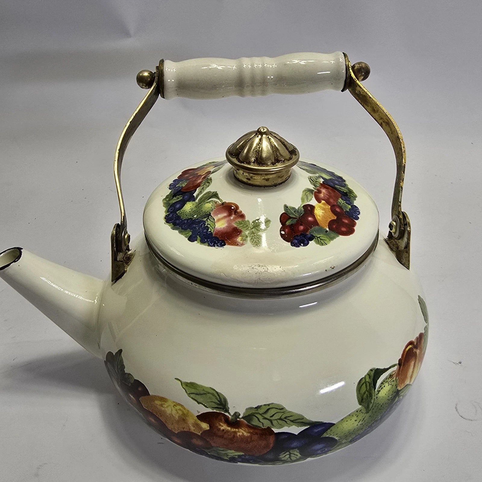 Vintage Enamel Teapot White with Fruit Design Brass Handle Farmhouse Kitchen.