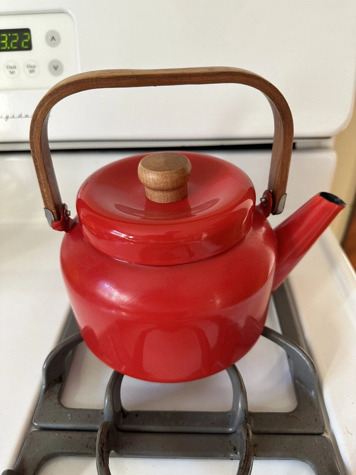 Teak Red Enamel Tea Kettle Tea Pot Copco Style Vintage Mid Century Modern