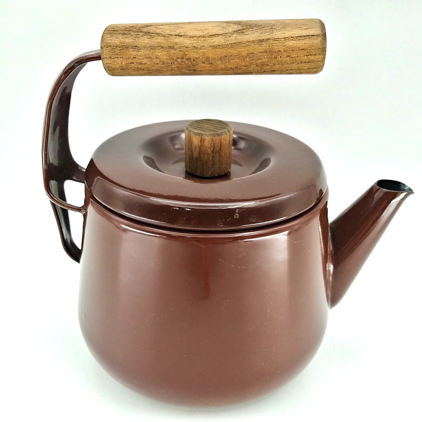 Vintage 1960s Brown Enamel Metalware Teapot Wood Handle camping 7"T X 6.5"L