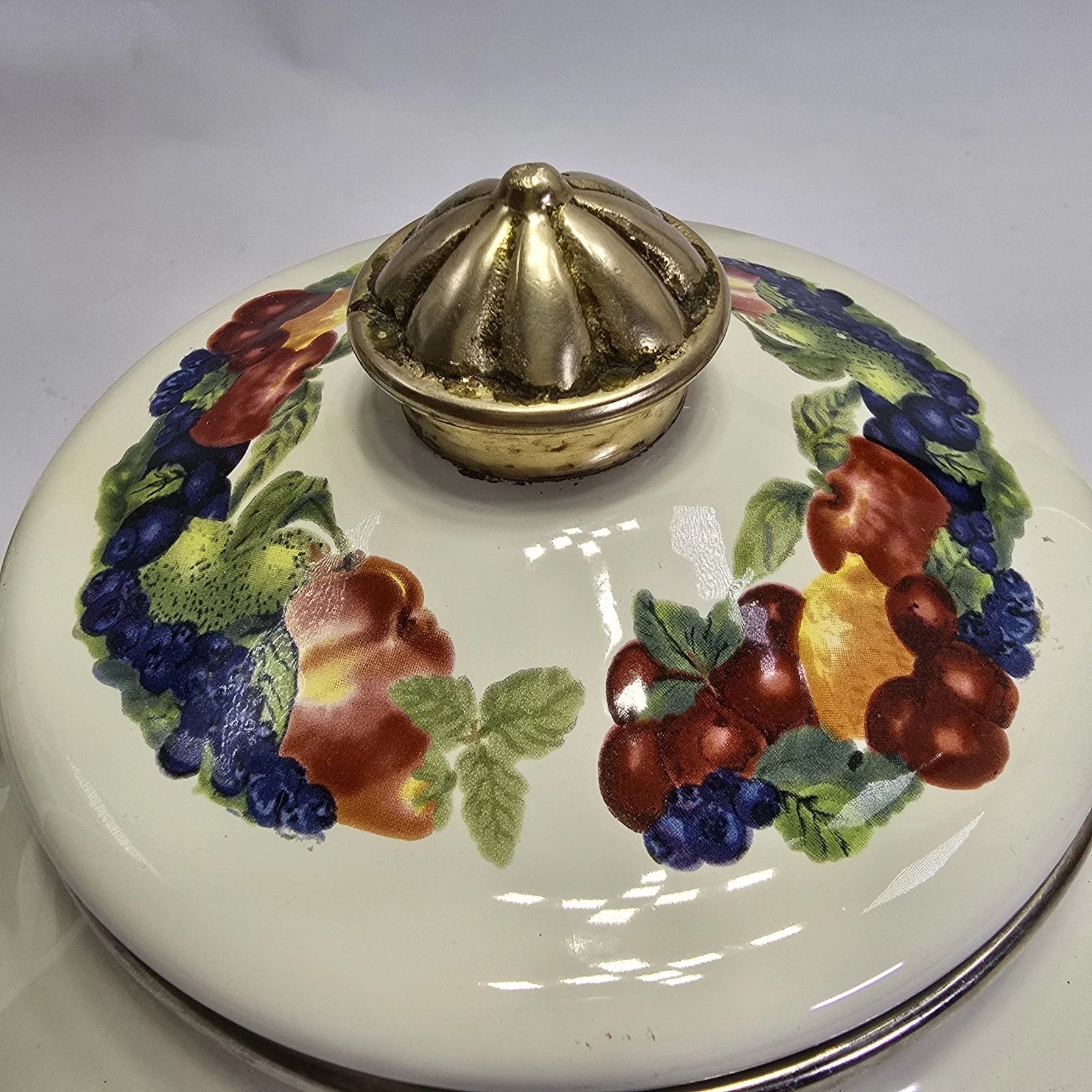 Vintage Enamel Teapot White with Fruit Design Brass Handle Farmhouse Kitchen.