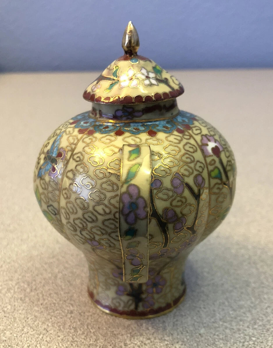 Vintage Cloisonne Enamel and Bronze Beige Floral Teapot