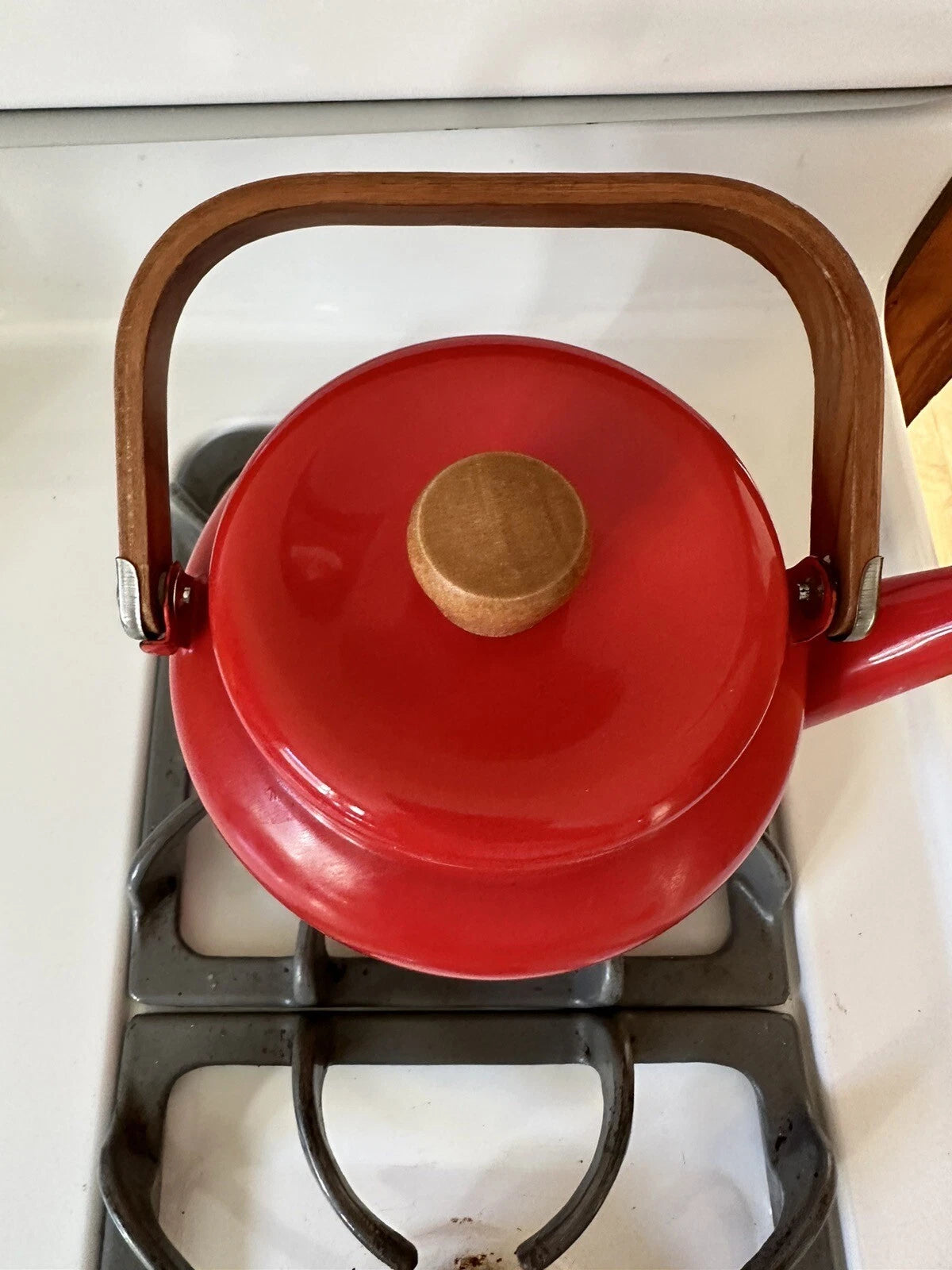 Teak Red Enamel Tea Kettle Tea Pot Copco Style Vintage Mid Century Modern