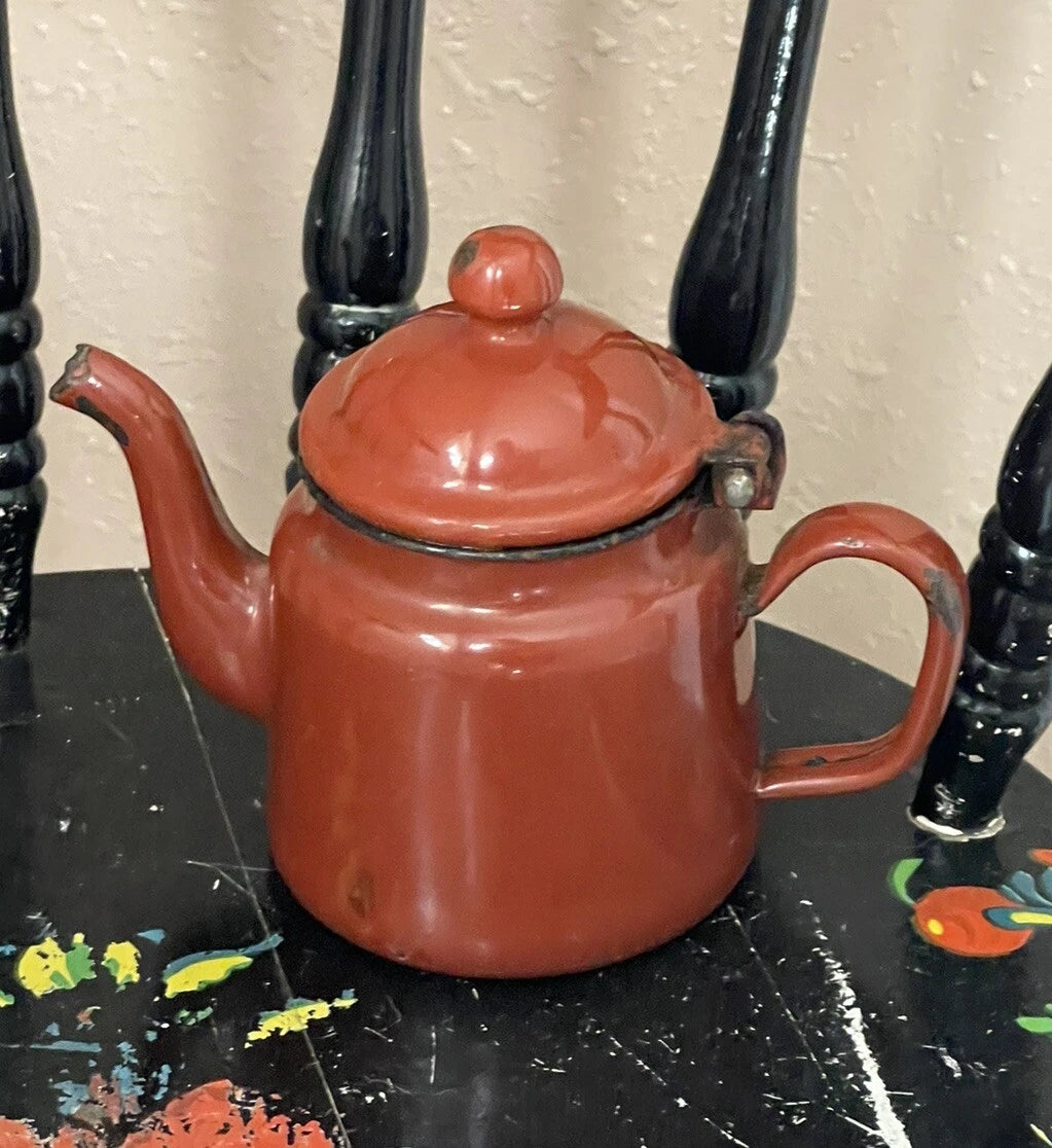 Small Antique Brown Enamelware Teapot Water Pot Some Rust Rustic Decor Only