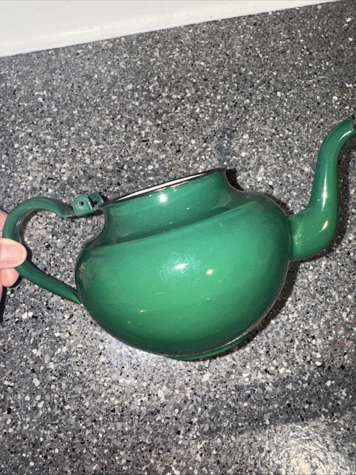 Vintage Enamel Teapot Made in Yugoslavia / Green Celje Enamel Tea Kettle 4”