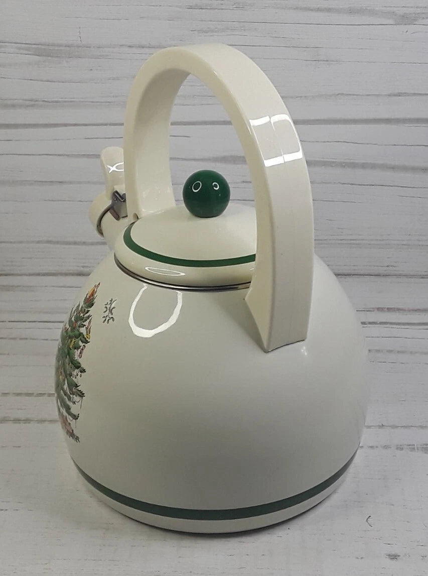 Spode Christmas Tree Whistling Tea Kettle Pot Porcelain Enamel on Steel