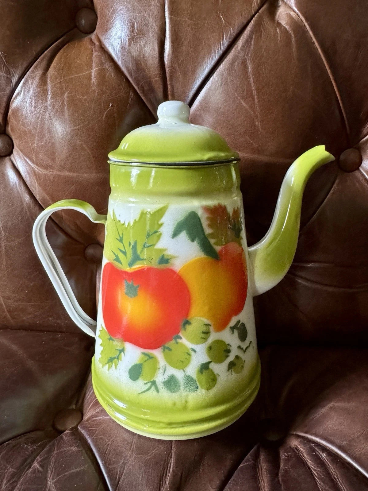 Vintage 1960s Enamelware Graniteware Coffee/Tea Pot 7 1/2" + 12" Bowl FRUIT