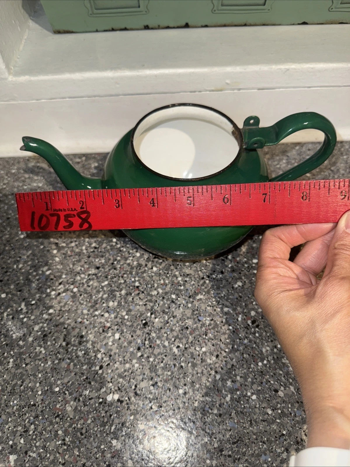 Vintage Enamel Teapot Made in Yugoslavia / Green Celje Enamel Tea Kettle 4”