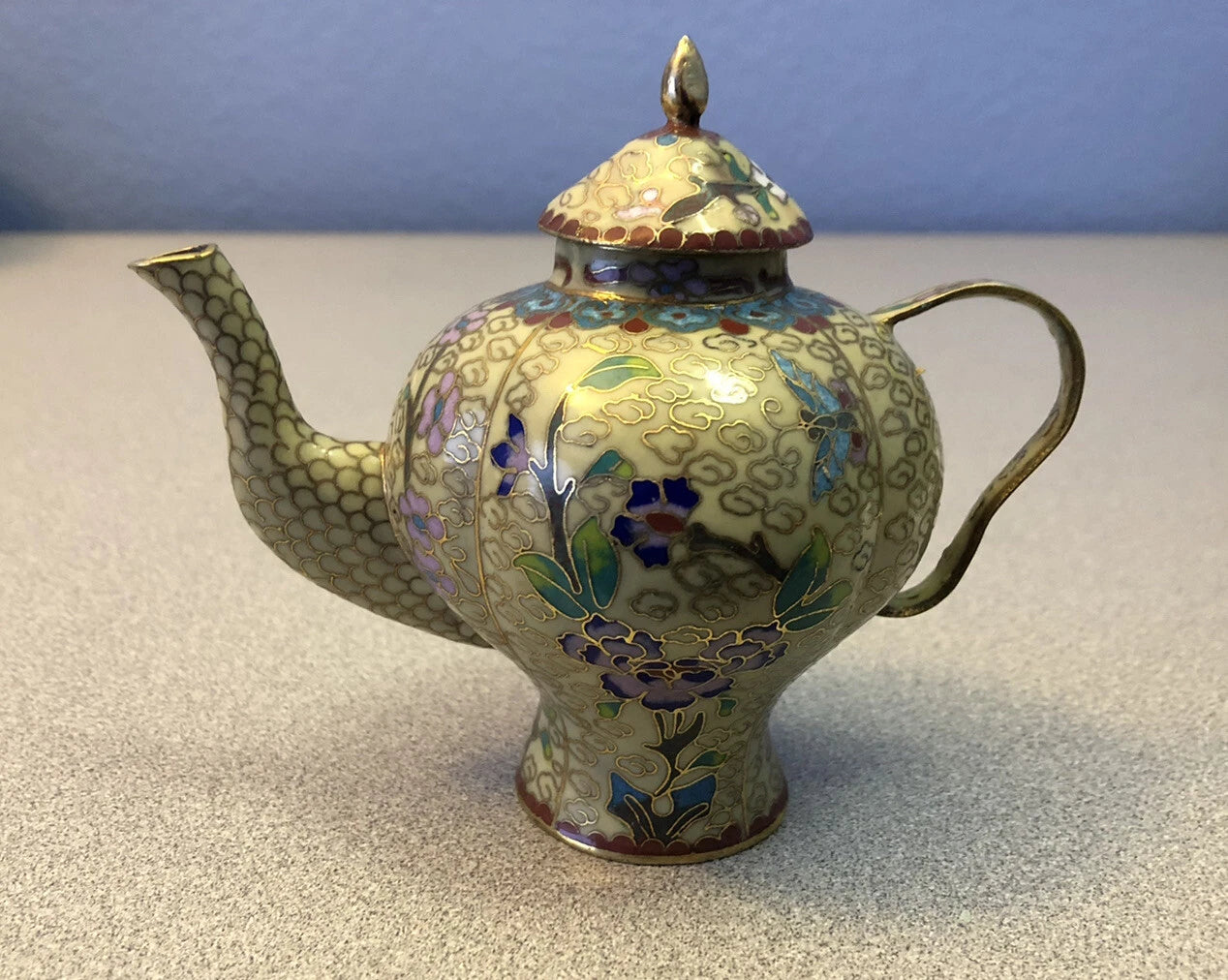 Vintage Cloisonne Enamel and Bronze Beige Floral Teapot