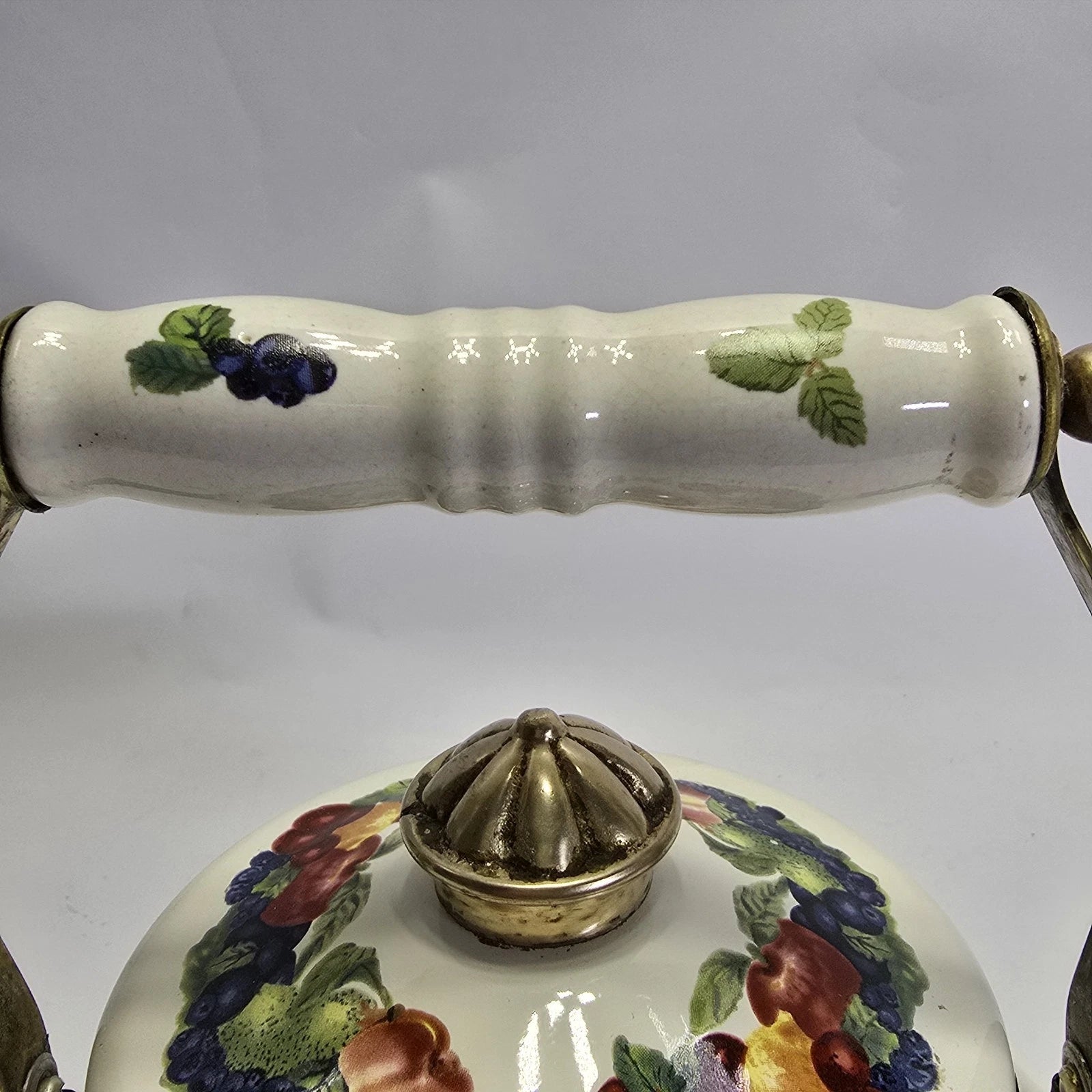 Vintage Enamel Teapot White with Fruit Design Brass Handle Farmhouse Kitchen.