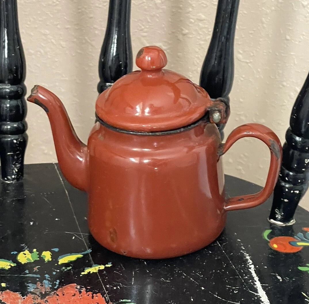 Small Antique Brown Enamelware Teapot Water Pot Some Rust Rustic Decor Only