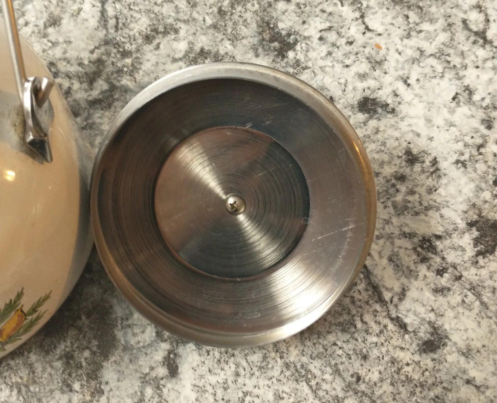 Vintage Enamel Fruit Detail Tea Pot With Wood Handle.