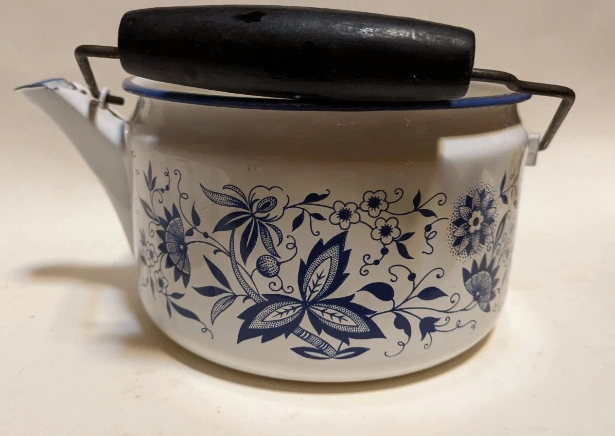 Vintage Blue Onion Danube Style Enamel Teapot Metal Bail Wood Handle 4.5"×8"