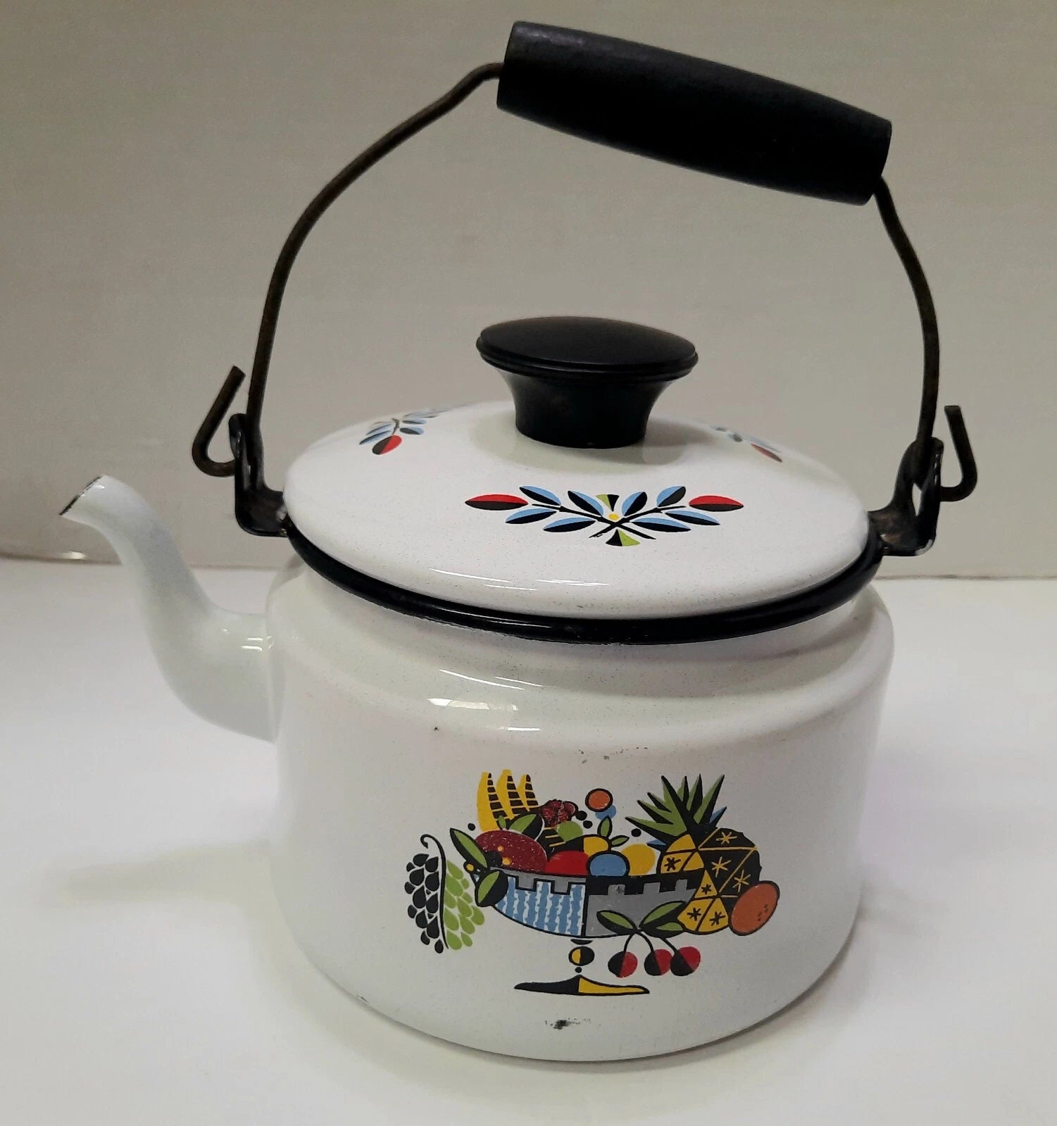 Vintage Enamelware Teapot Tea Kettle w/ Lid Porcelain Metal Fruit Kitchen Stove