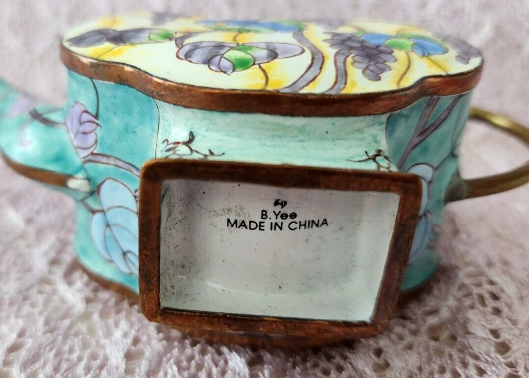 Vintage Chinemel  B. Yee Enamel Miniature Teapot Tiffany Style Grapevine Design