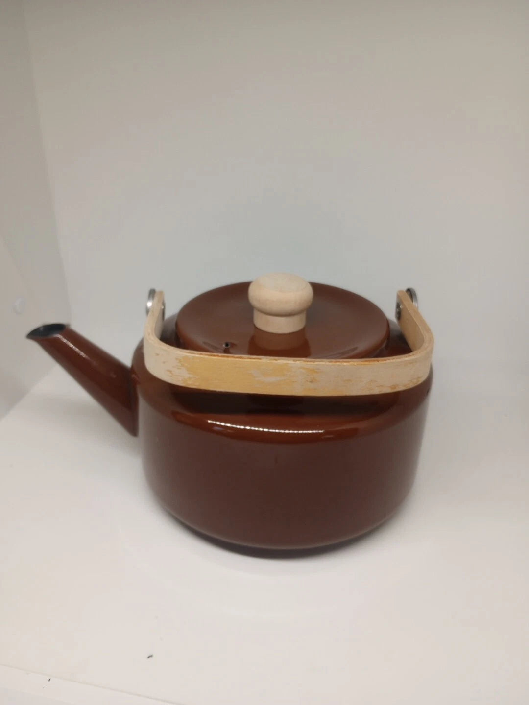 Vintage Brown Tea Pot Kettle Enamel Ware Metal Wood Handle