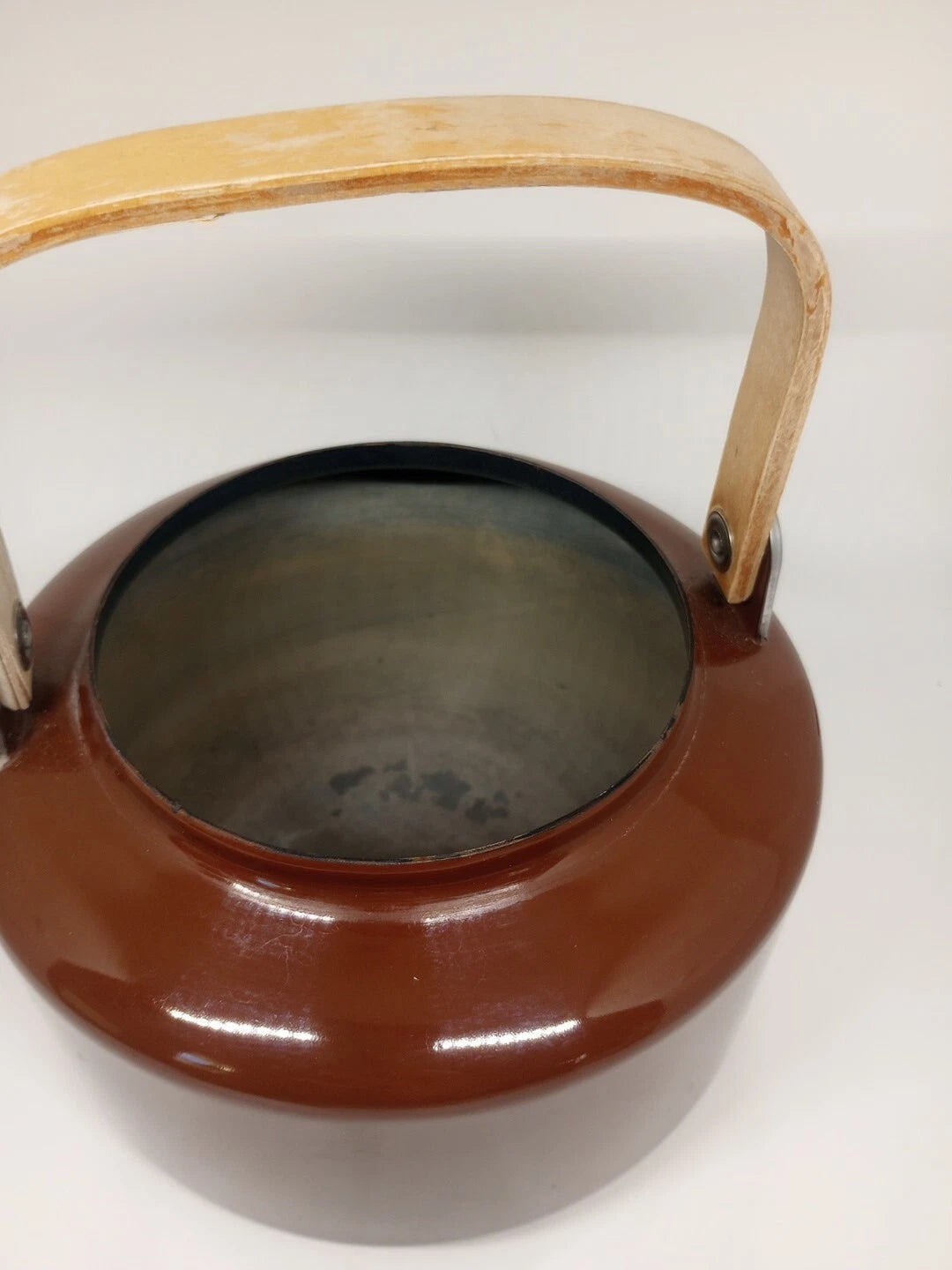 Vintage Brown Tea Pot Kettle Enamel Ware Metal Wood Handle