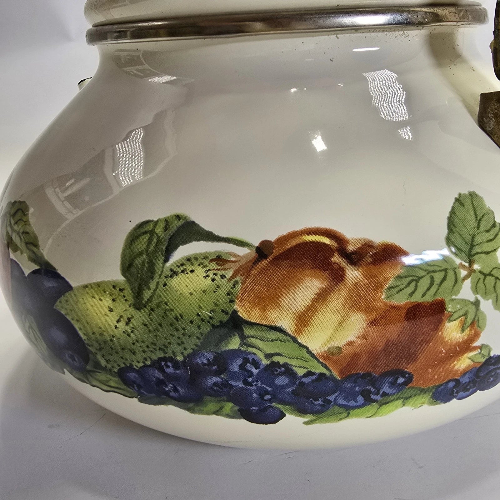 Vintage Enamel Teapot White with Fruit Design Brass Handle Farmhouse Kitchen.