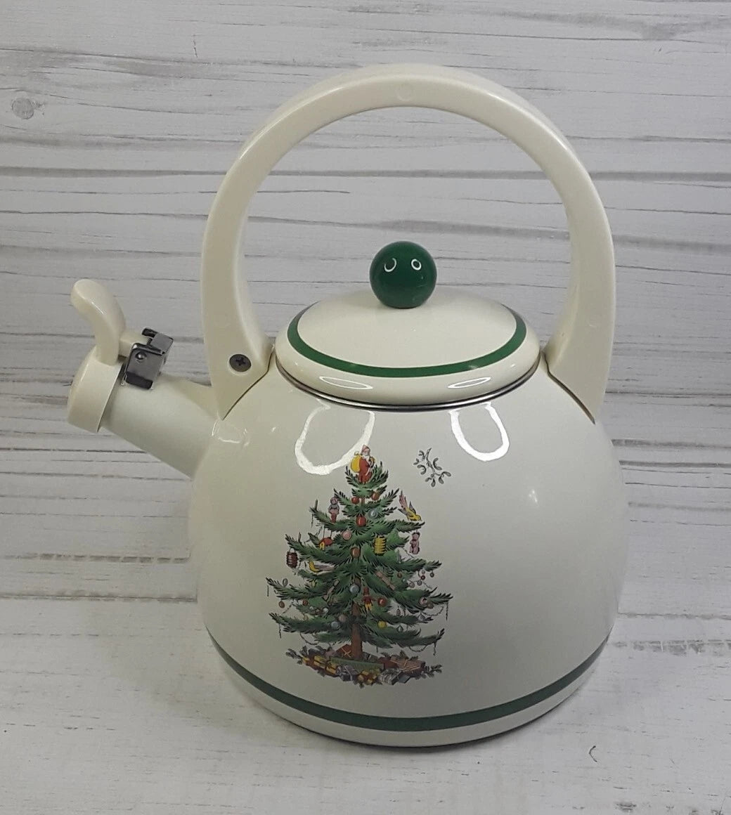Spode Christmas Tree Whistling Tea Kettle Pot Porcelain Enamel on Steel
