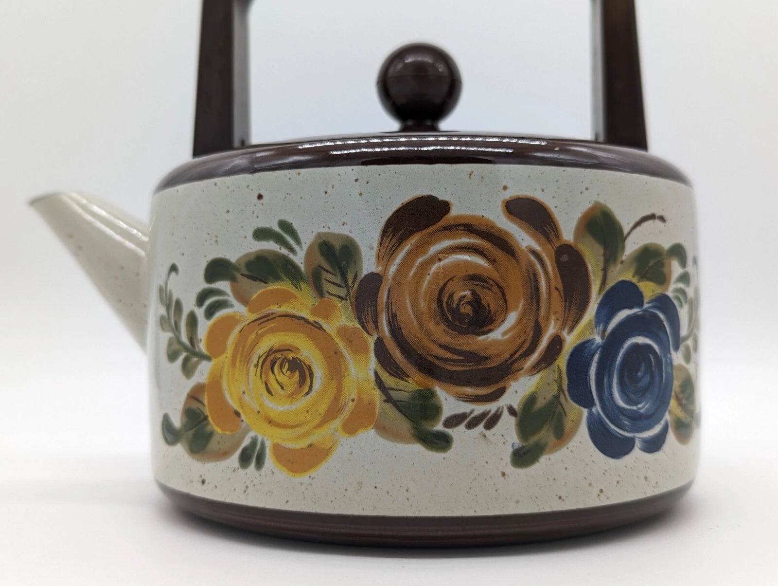 Vintage ASTA Hand Painted Flowers Enamel Kettle Teapot Flower Power Germany