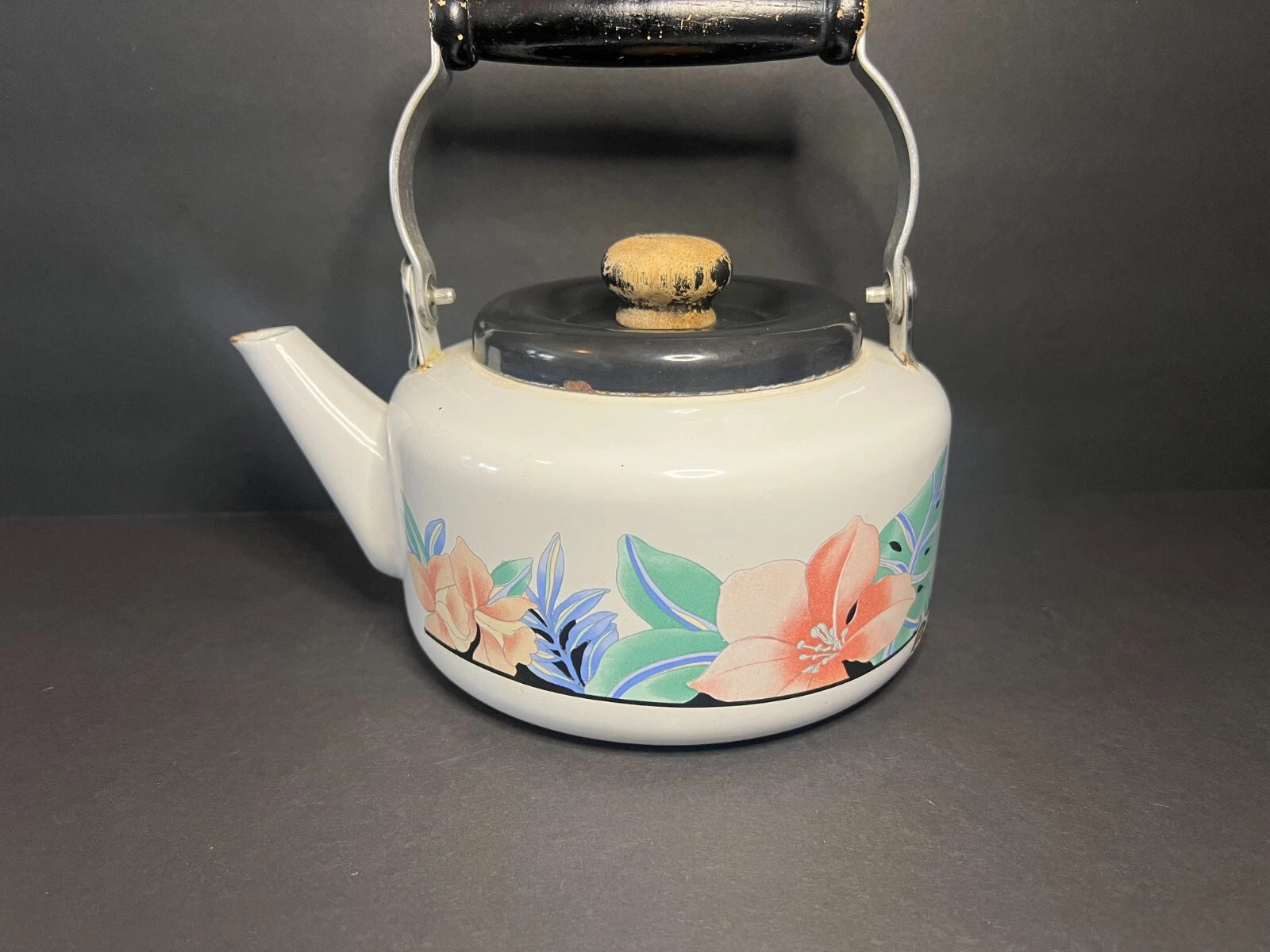 Vintage 1980s NOS Enamel White Floral Print Teapot Kettle with Wooden Handle | eBay