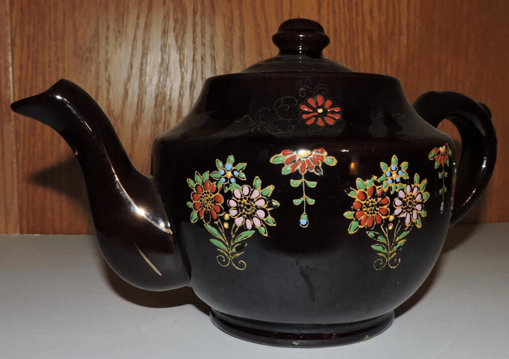 Vintage Large  Moriage Enamel Redware Ceramic Tea Pot- Hand Painted Japan