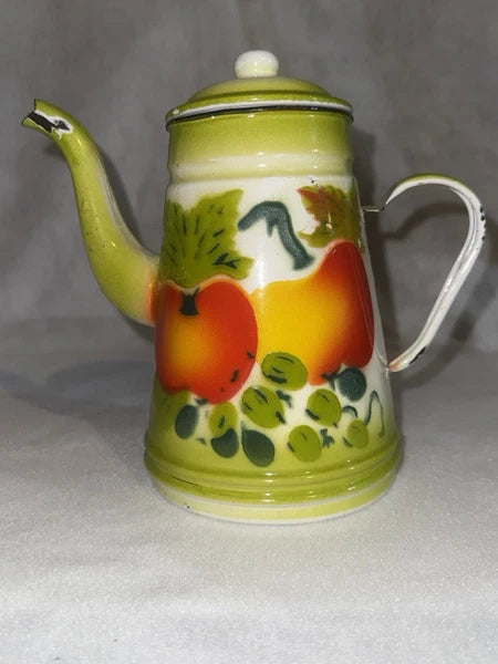 Vintage Enamel Ware Harvest Fruit Design Teapot and 6 Cups