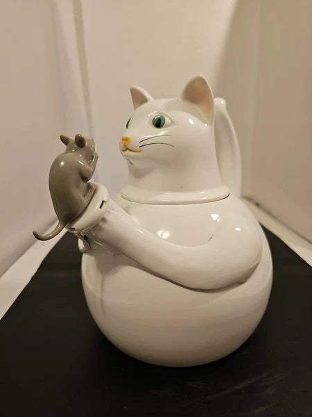 Vintage  Copco White Cat & Gray Mouse Enamelware 2 ½ QT Tea Kettle