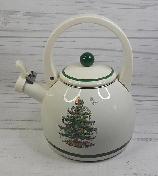 Spode Christmas Tree Whistling Tea Kettle Pot Porcelain Enamel on Steel