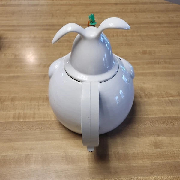 Vintage Copco Enamel Teapot Figural Mr Rabbit Bunny Carrot Whistling Tea Kettle