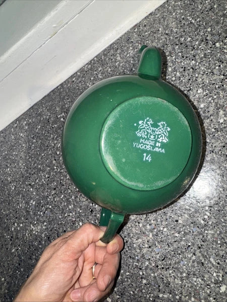 Vintage Enamel Teapot Made in Yugoslavia / Green Celje Enamel Tea Kettle 4”