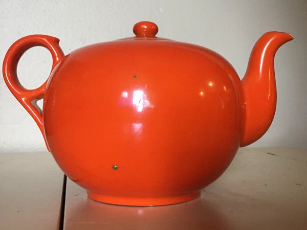 Vintage Bright Orange Enamel Floral Porcelain Japan Tea Pot Hand Painted