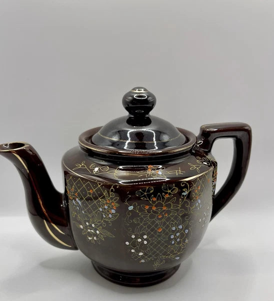 Vintage Brown Betty Redware Teapot Moriage Enamel Hand Painted Japan GUC MCM