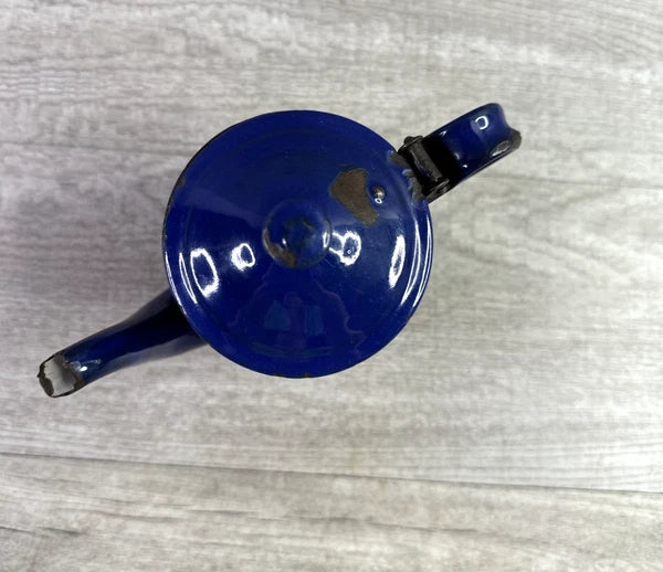 Vintage Chipped Enamel Tea Pot Blue Made In Austria H & C Double Headed Eagle